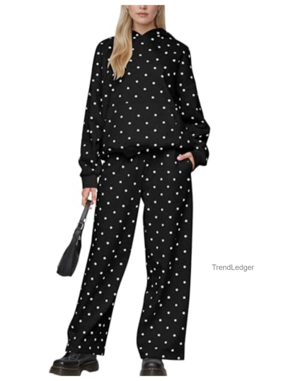 Oversized Hoodie Wide Leg Sweatpants Set Cotton Blend Polka Dot